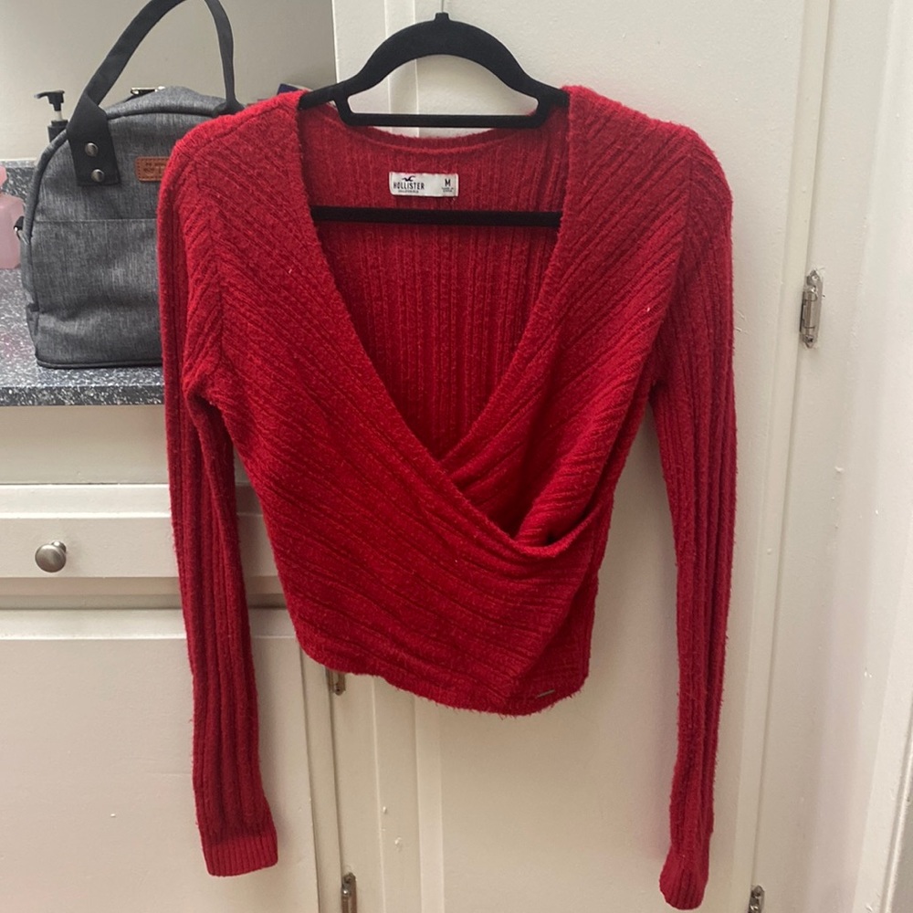 Red Crop Wrap Sweater